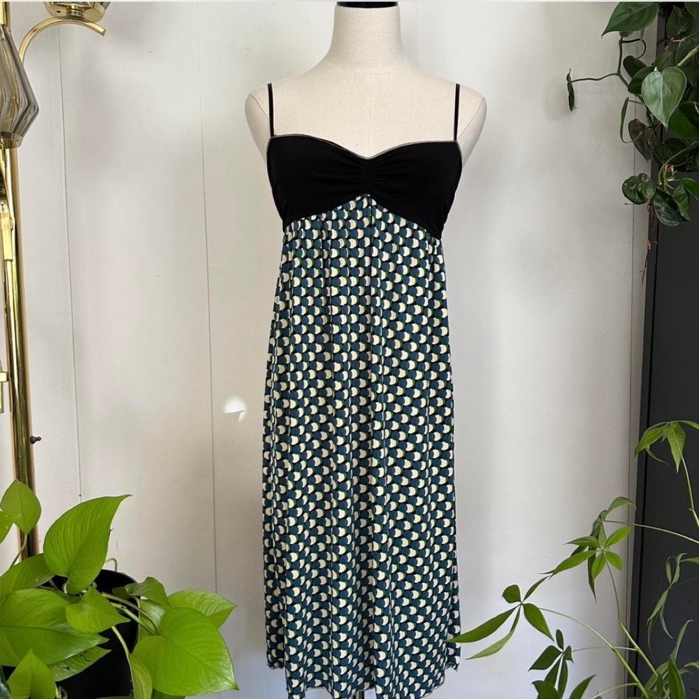 Max Studio Polka Dot Milkmaid Midi Dress Blue Green Black XS 7903S54